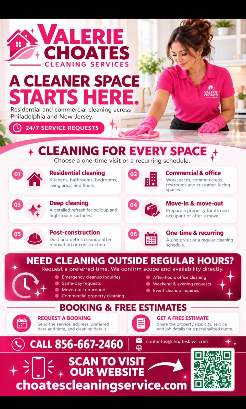 Woman in a pink Valerie Choates Cleaning Services shirt wiping a kitchen counter